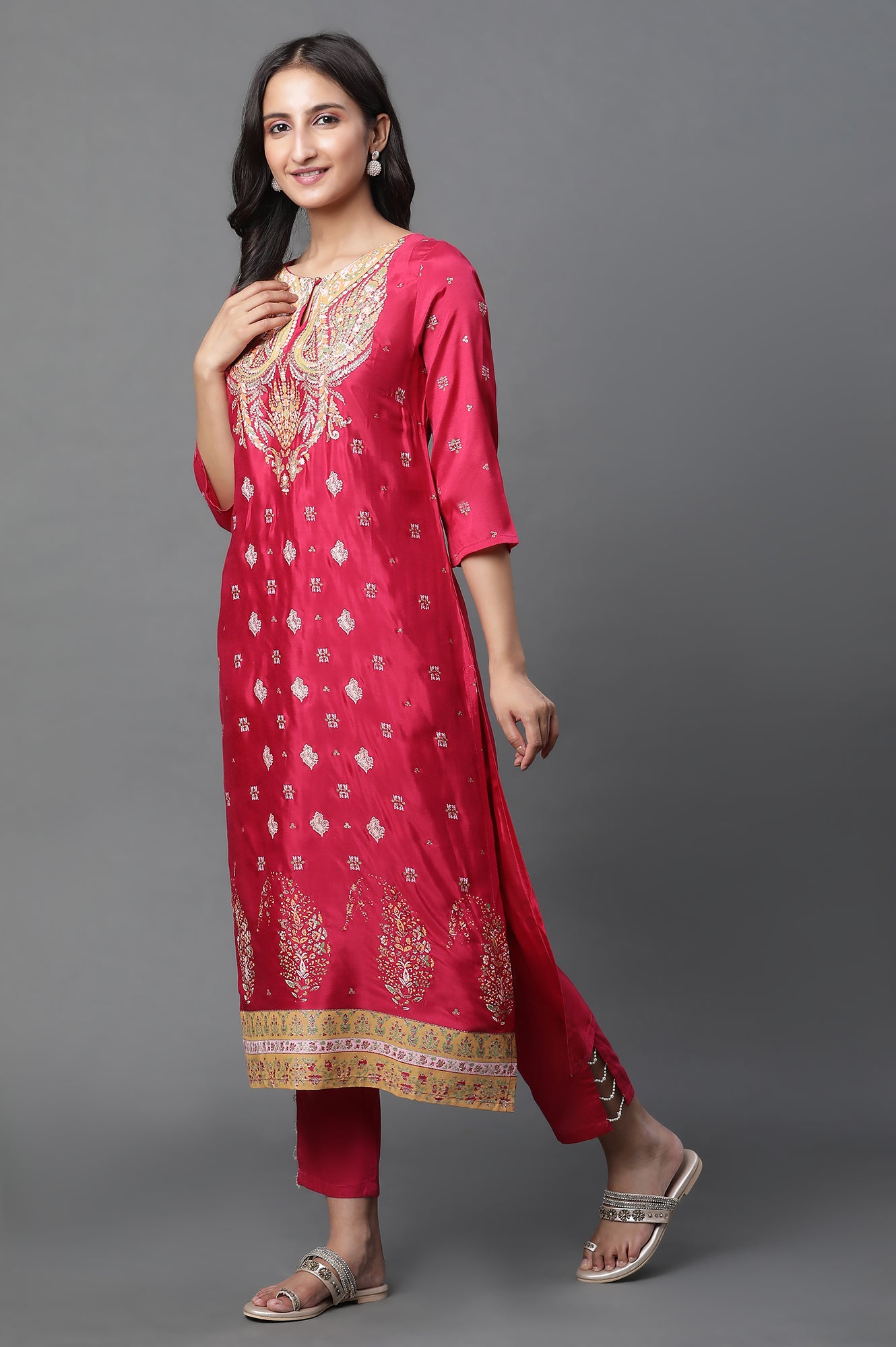 Dark Pink Placement Printed Kurta, Pants And Dupatta Set
