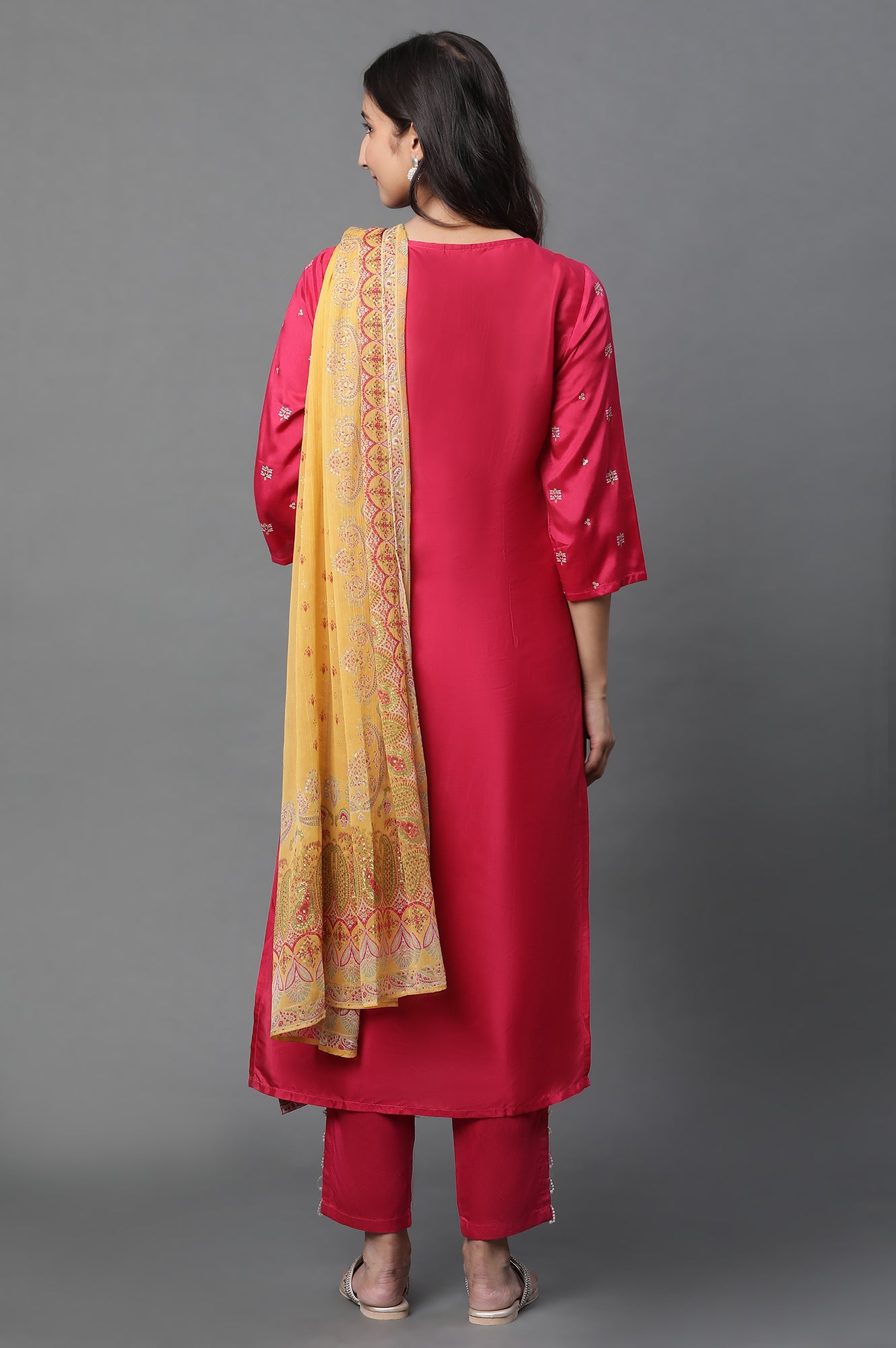 Dark Pink Placement Printed Kurta, Pants And Dupatta Set