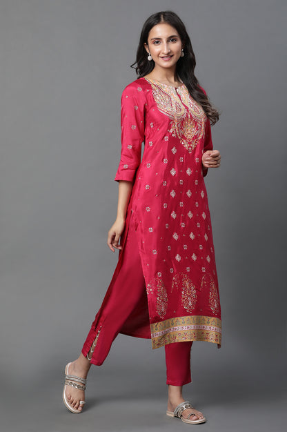 Dark Pink Placement Printed Kurta, Pants And Dupatta Set