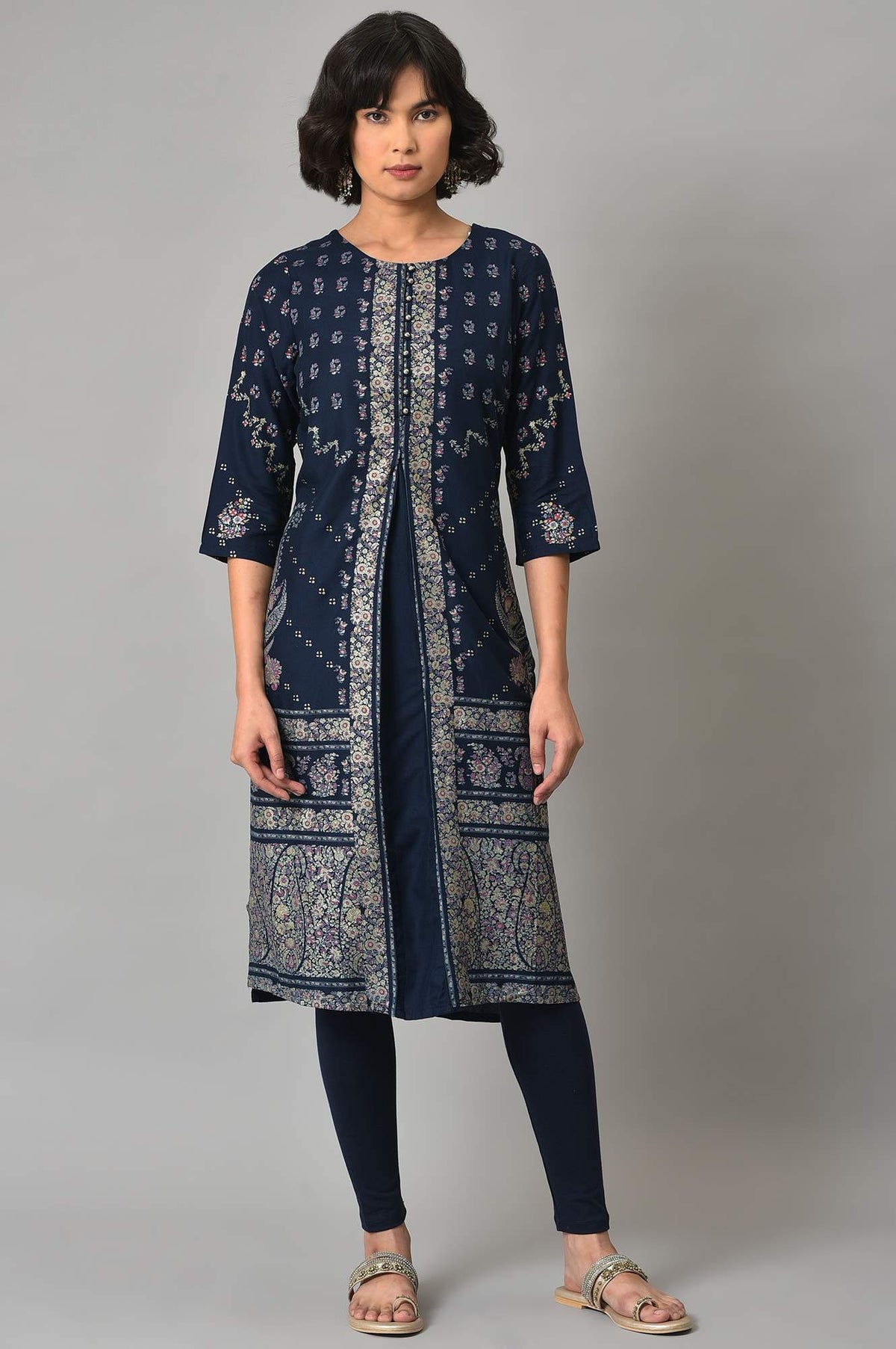 Dark Blue Glitter Printed kurta With Parallel Pants - XS