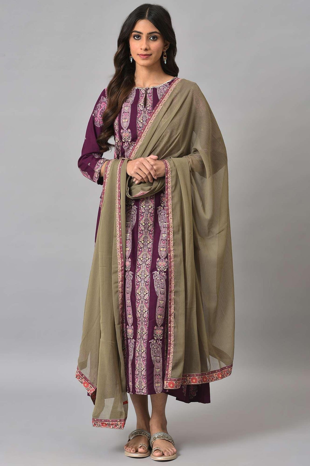 Purple Paisley Print kurta With Olive Chiffon Dupatta - XS