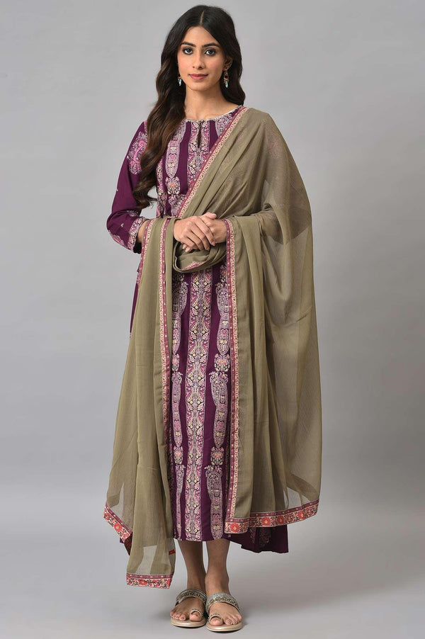 Purple Paisley Print kurta With Olive Chiffon Dupatta