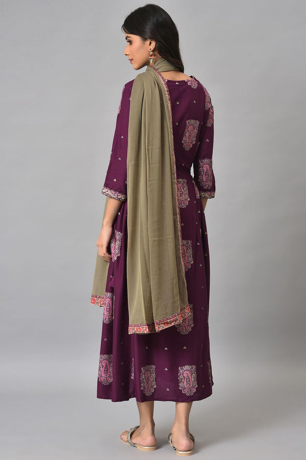Purple Paisley Print kurta With Olive Chiffon Dupatta