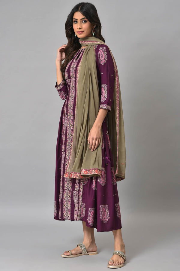 Purple Paisley Print kurta With Olive Chiffon Dupatta