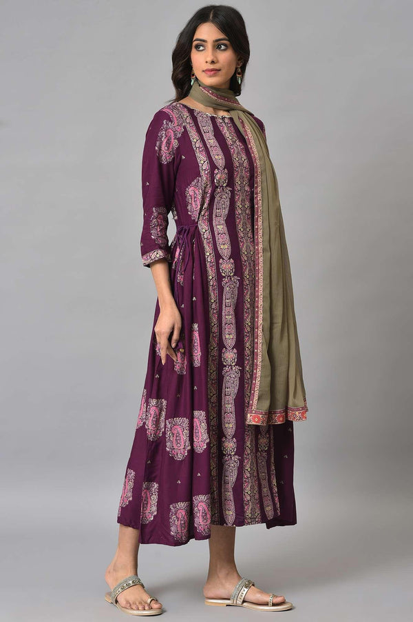 Purple Paisley Print kurta With Olive Chiffon Dupatta