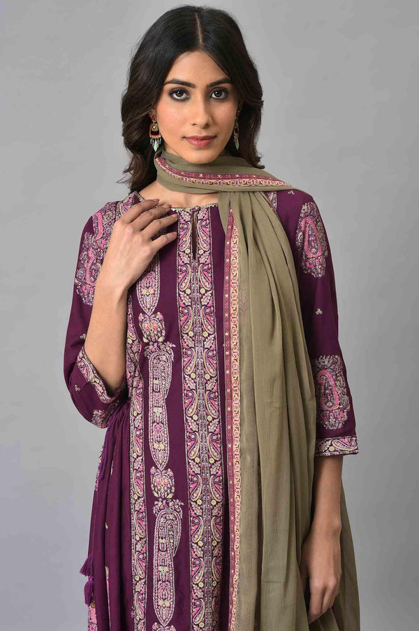 Purple Paisley Print kurta With Olive Chiffon Dupatta