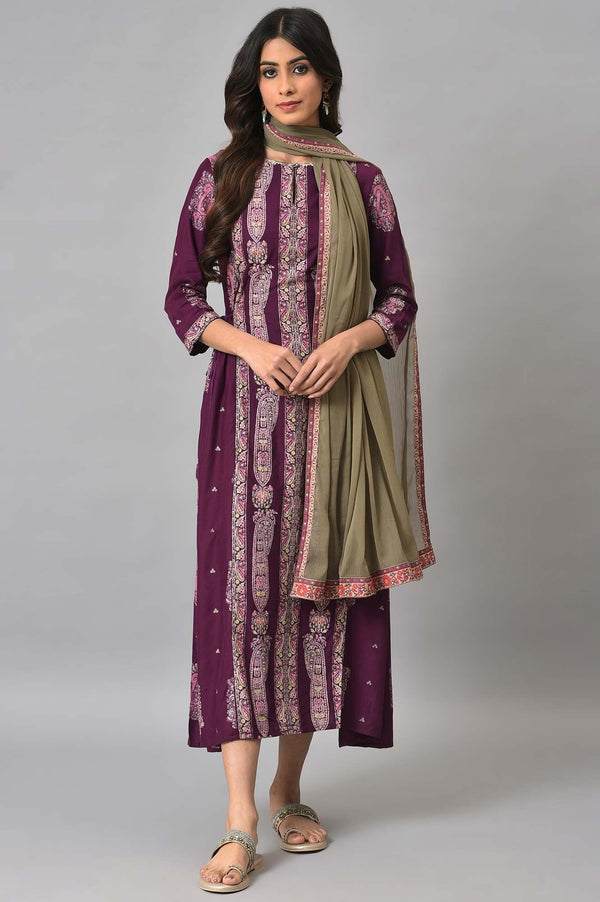 Purple Paisley Print kurta With Olive Chiffon Dupatta