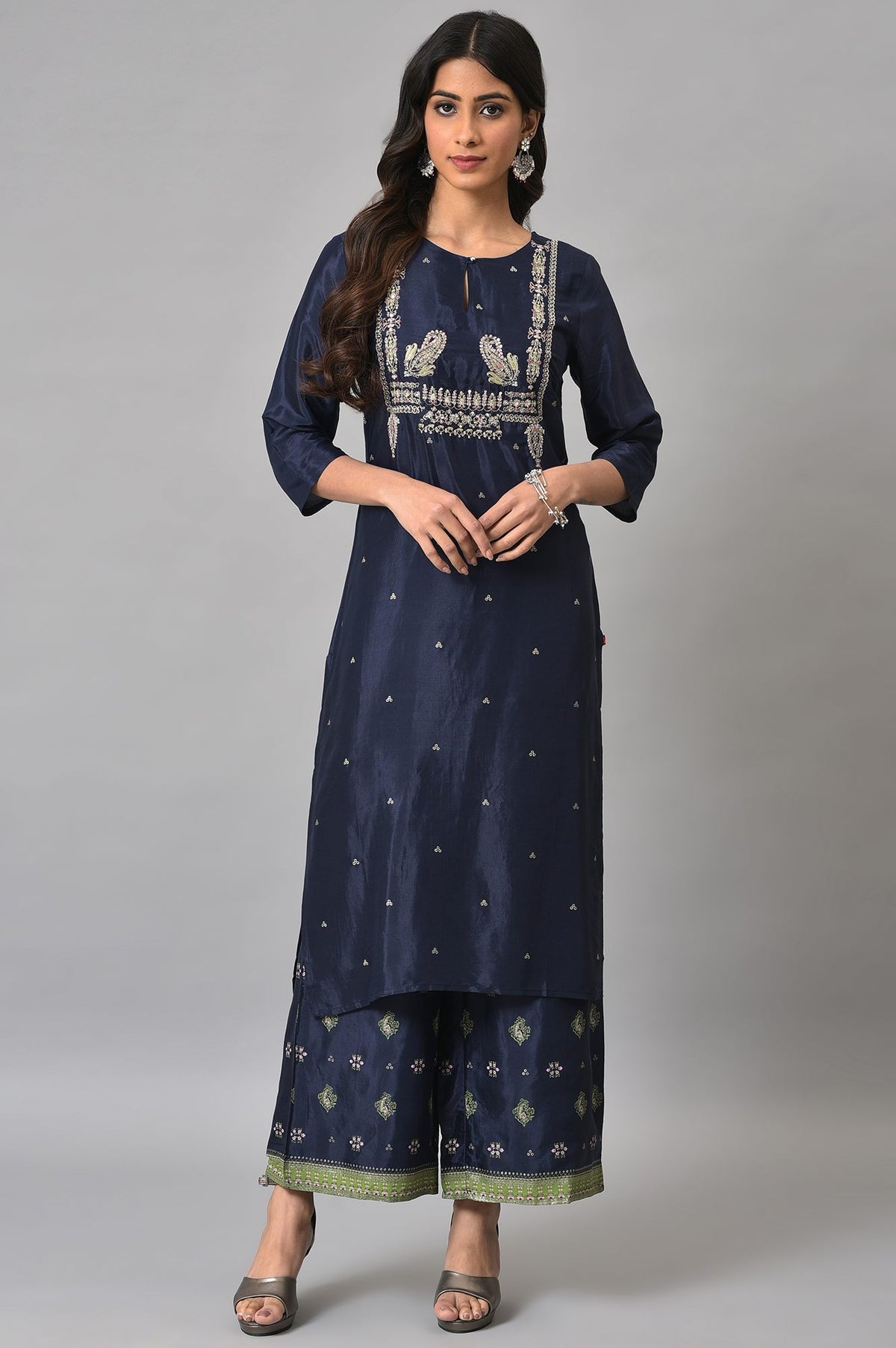 Dark Blue Glitter Printed kurta With Parallel Pants - XS