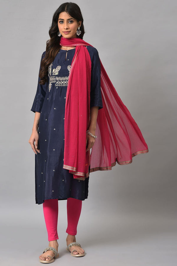 Blue Shatung Embroidered Festive kurta With Pink Tights And Chiffon Dupatta