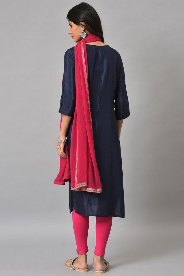 Blue Shatung Embroidered Festive kurta With Pink Tights And Chiffon Dupatta