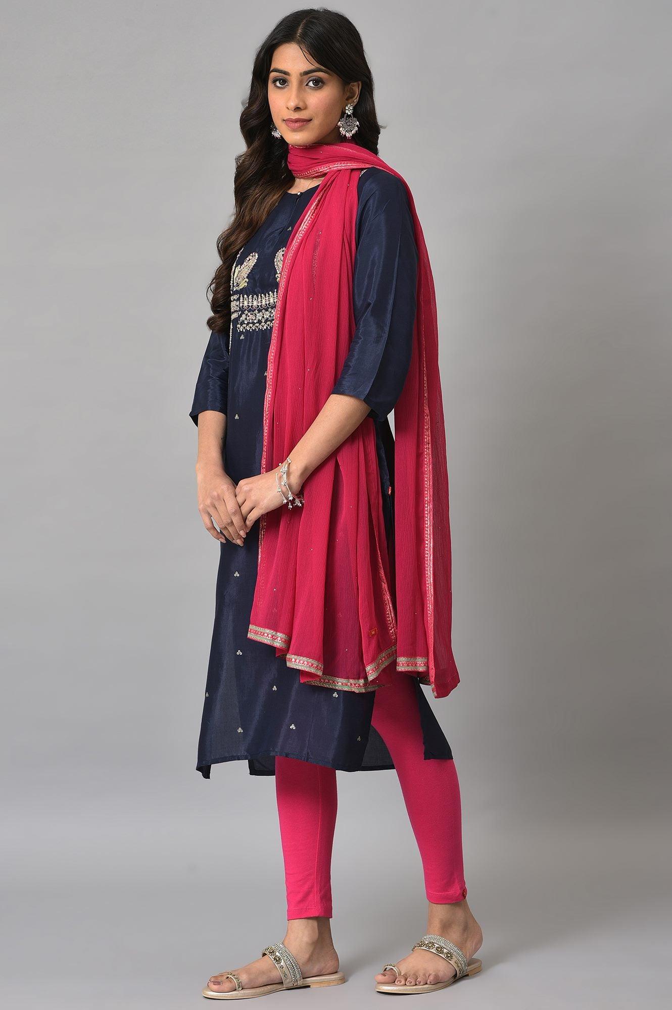 Blue Shatung Embroidered Festive kurta With Pink Tights And Chiffon Dupatta - wforwoman