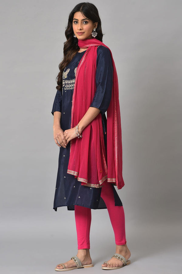 Blue Shatung Embroidered Festive kurta With Pink Tights And Chiffon Dupatta