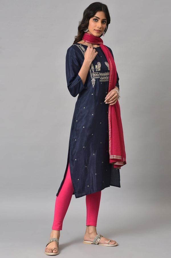 Blue Shatung Embroidered Festive kurta With Pink Tights And Chiffon Dupatta