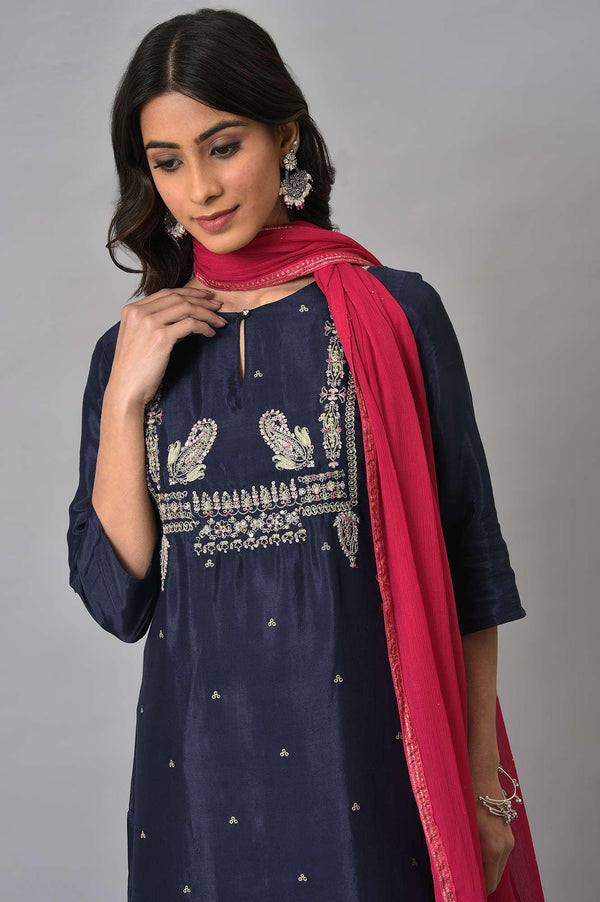 Blue Shatung Embroidered Festive kurta With Pink Tights And Chiffon Dupatta