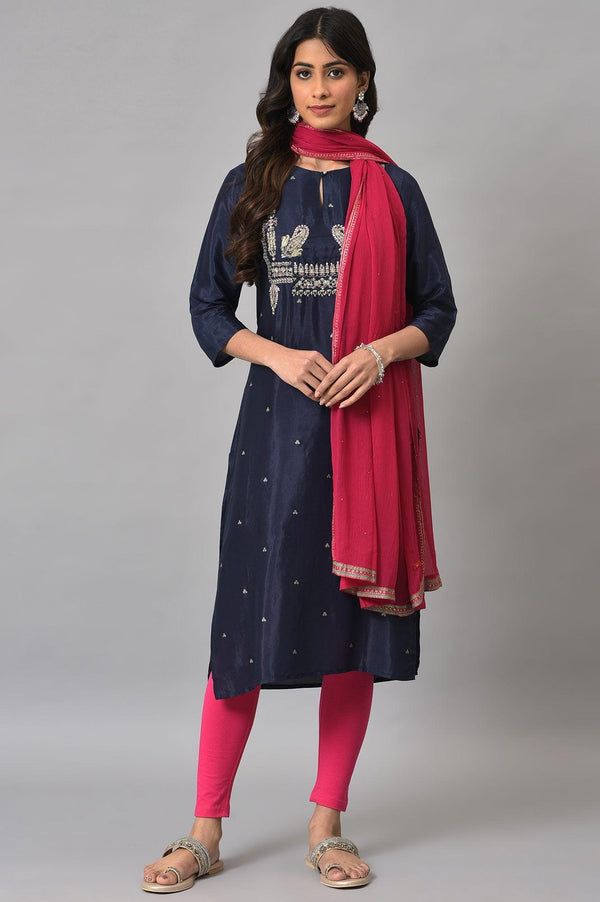 Blue Shatung Embroidered Festive kurta With Pink Tights And Chiffon Dupatta