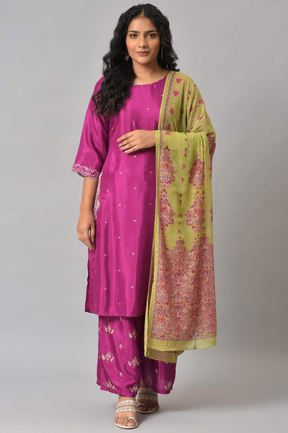 Puruple Shatung Embroidered kurta With Parallel Pants And Light Green Dupatta - wforwoman