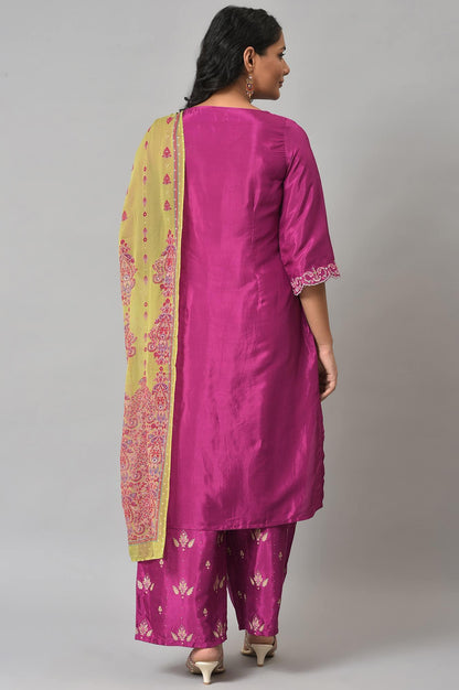 Puruple Shatung Embroidered kurta With Parallel Pants And Light Green Dupatta - wforwoman