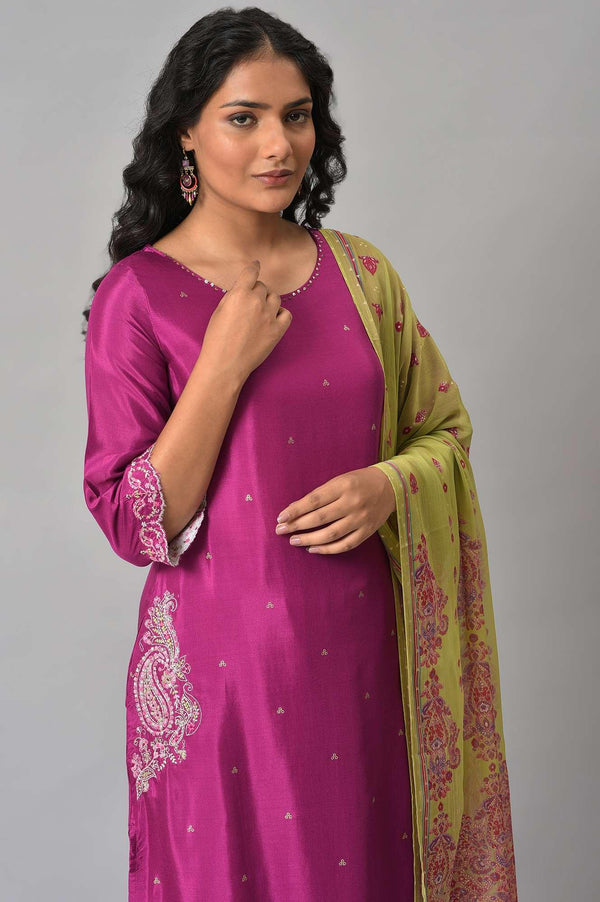 Puruple Shatung Embroidered kurta With Parallel Pants And Light Green Dupatta