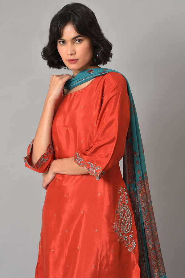 Red Shantung Embroidered kurta With Parallel Pants And Dupatta