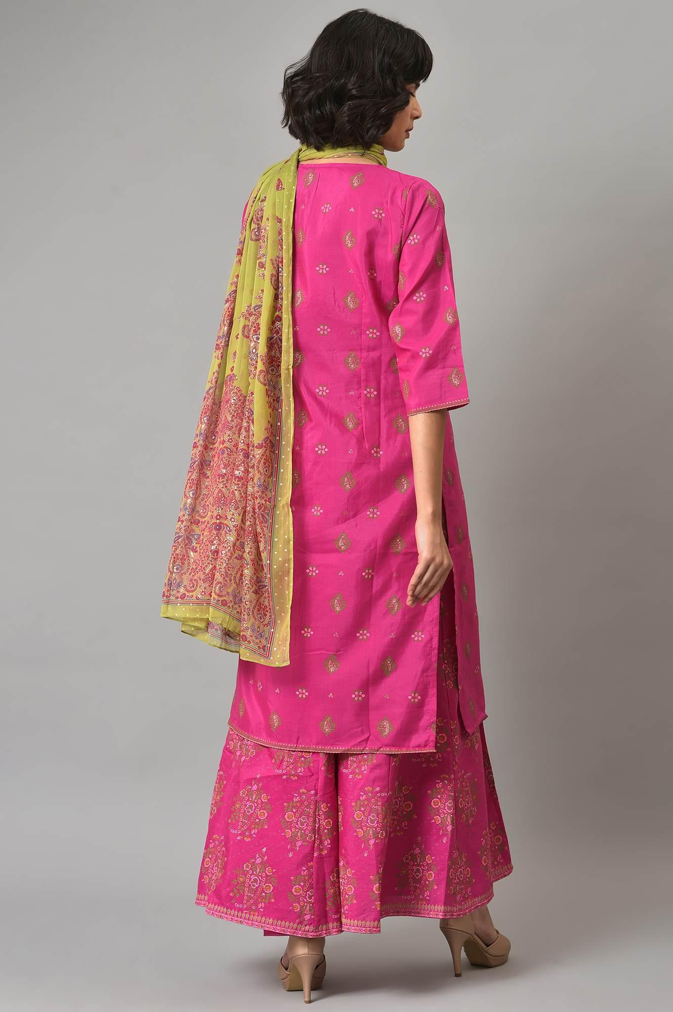 Pink Glitter Printed kurta With Culottes And Green Dupatta - wforwoman
