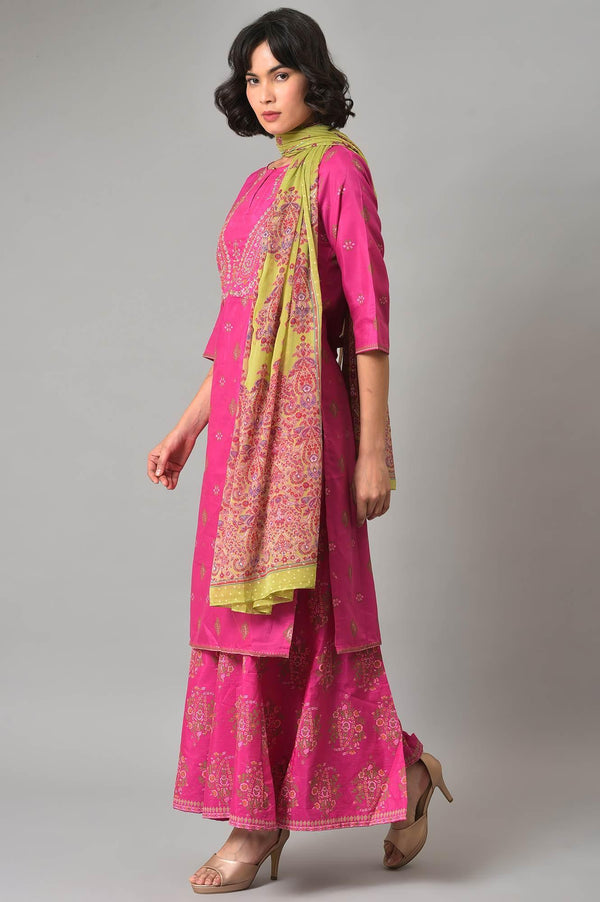 Pink Glitter Printed Kurta, Culottes and Green Dupatta Set