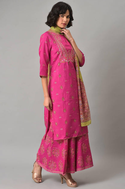 Pink Glitter Printed kurta With Culottes And Green Dupatta - wforwoman