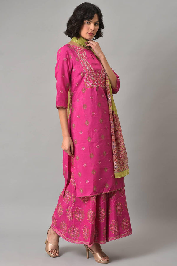 Pink Glitter Printed Kurta, Culottes and Green Dupatta Set
