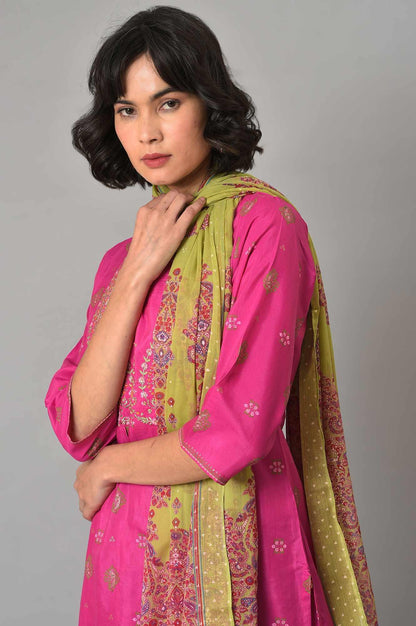 Pink Glitter Printed kurta With Culottes And Green Dupatta - wforwoman