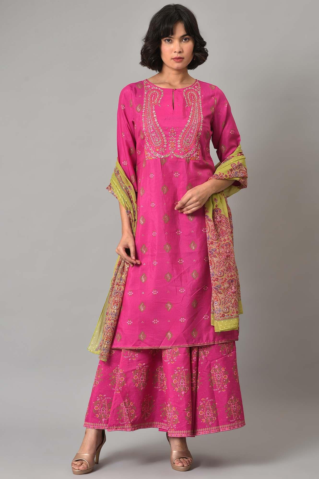 Pink Glitter Printed kurta With Culottes And Green Dupatta - wforwoman