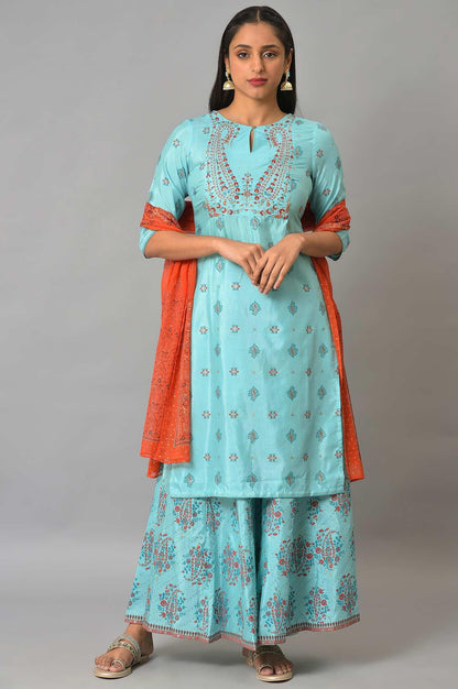 Blue Glitter Printed kurta And Culottes With Red Dupatta - wforwoman