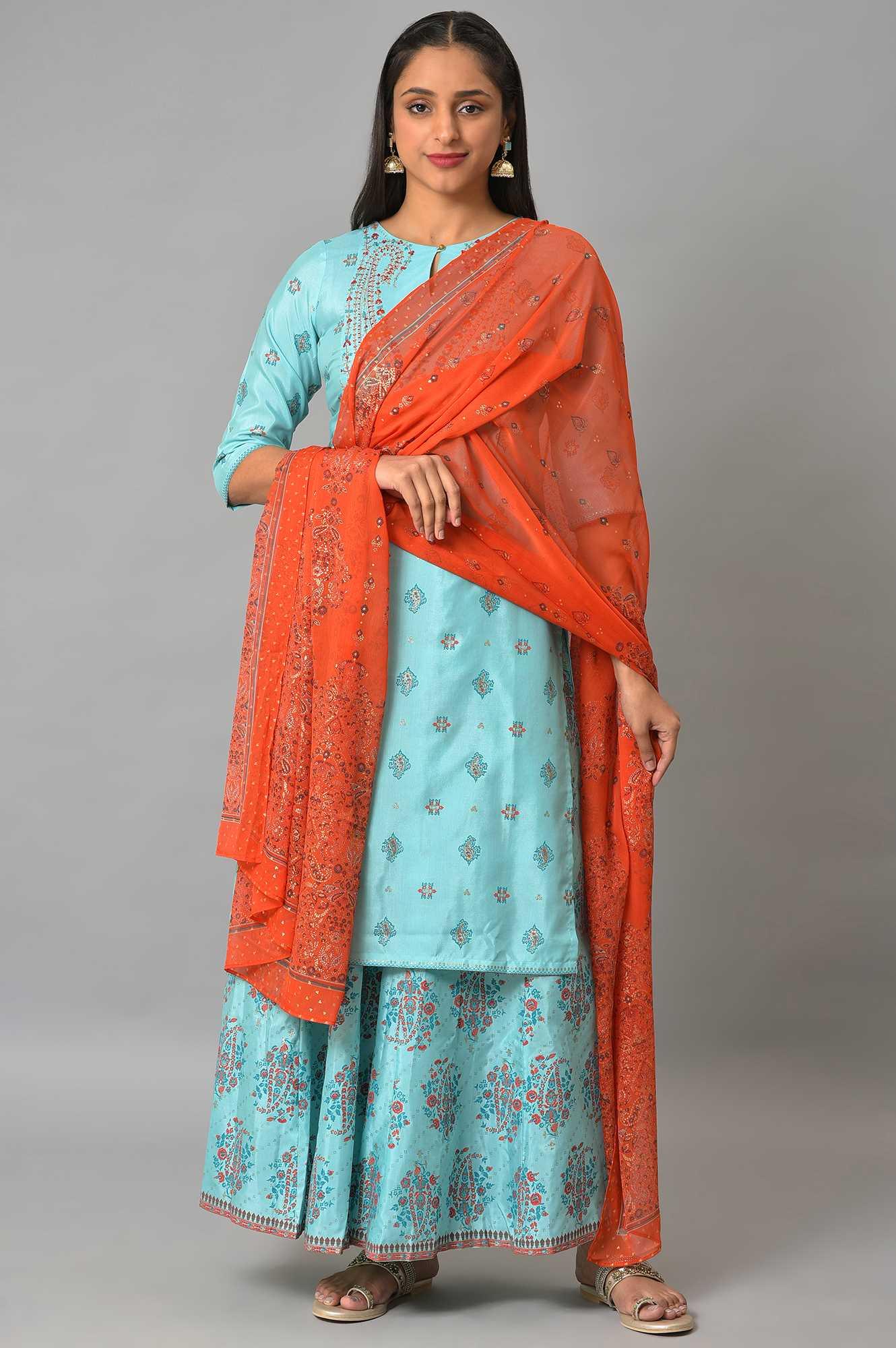 Blue Glitter Printed kurta And Culottes With Red Dupatta - wforwoman