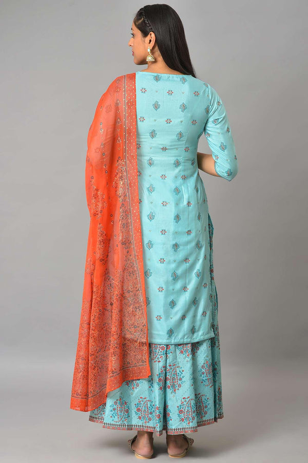Blue Glitter Printed kurta And Culottes With Red Dupatta