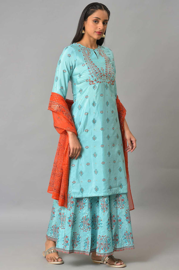 Blue Glitter Printed kurta And Culottes With Red Dupatta
