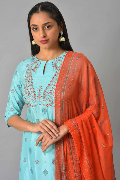 Blue Glitter Printed kurta And Culottes With Red Dupatta - wforwoman