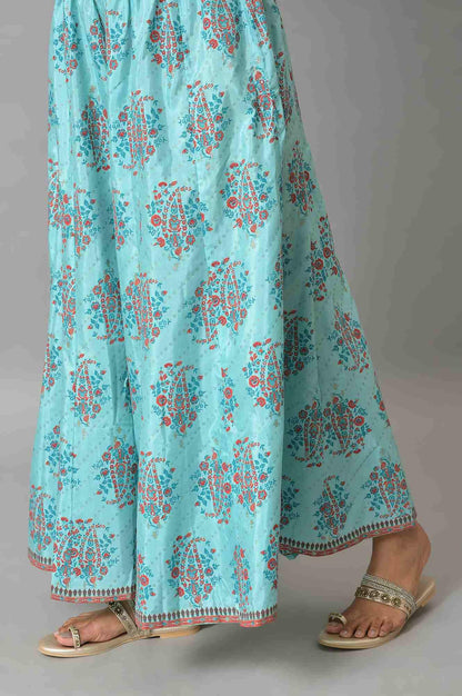 Blue Glitter Printed kurta And Culottes With Red Dupatta - wforwoman