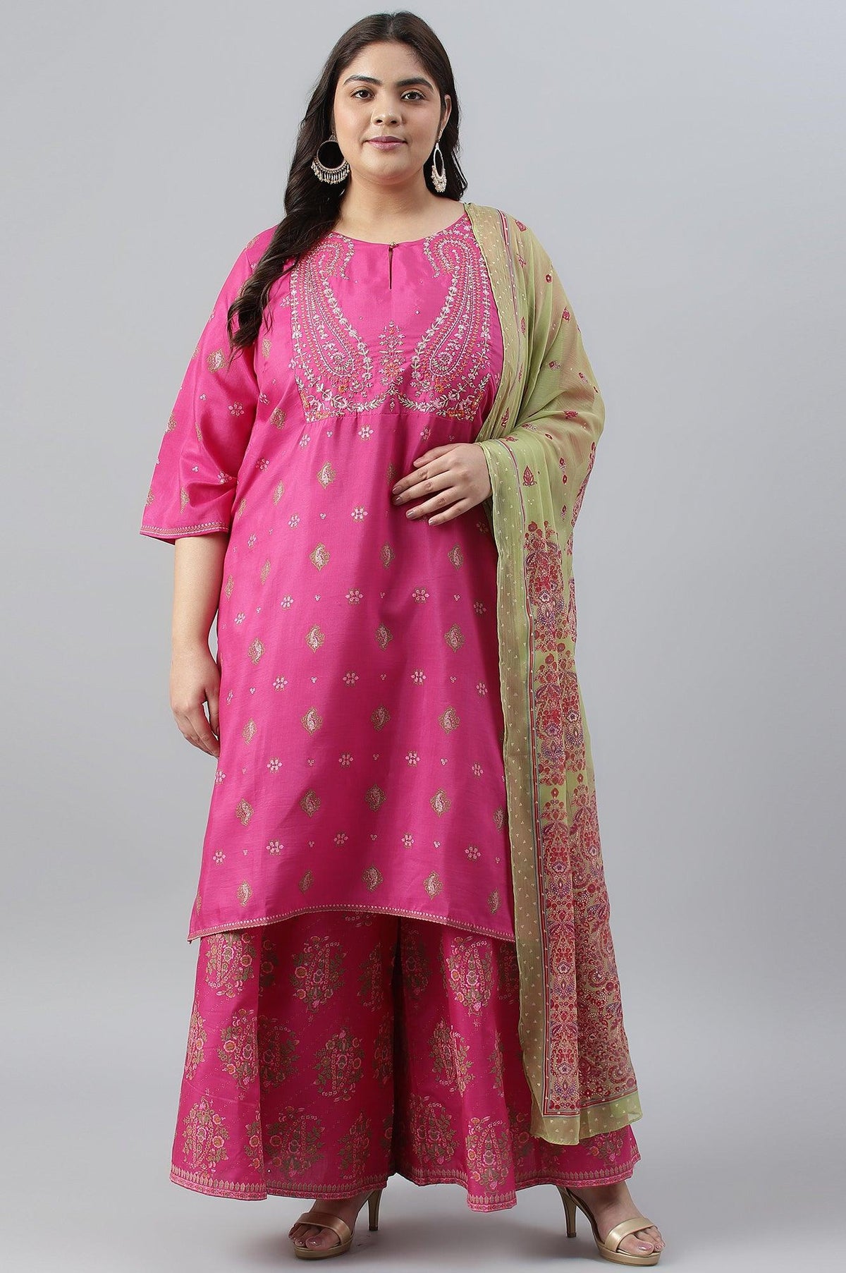 Plus Size Pink Printed kurta With Culottes And Green Dupatta - 20
