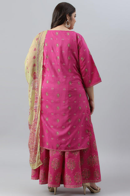 Plus Size Pink Printed kurta With Culottes And Green Dupatta - wforwoman