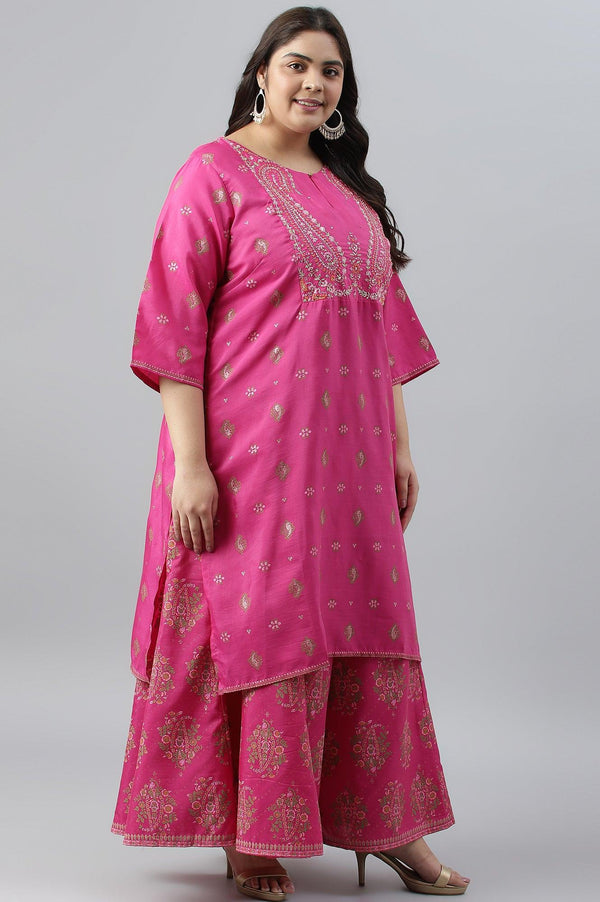 Plus Size Pink Printed kurta With Culottes And Green Dupatta
