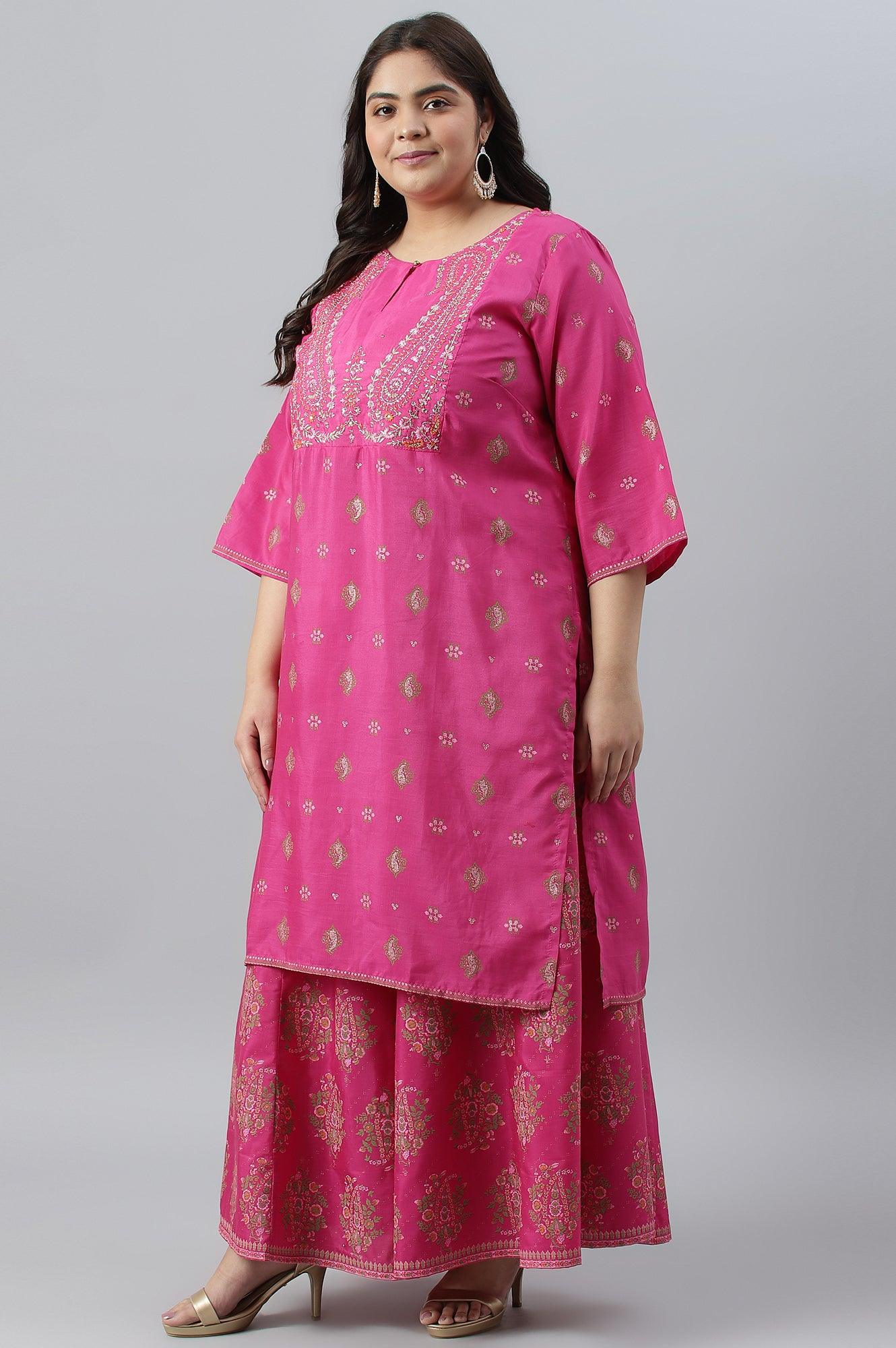 Plus Size Pink Printed kurta With Culottes And Green Dupatta - wforwoman
