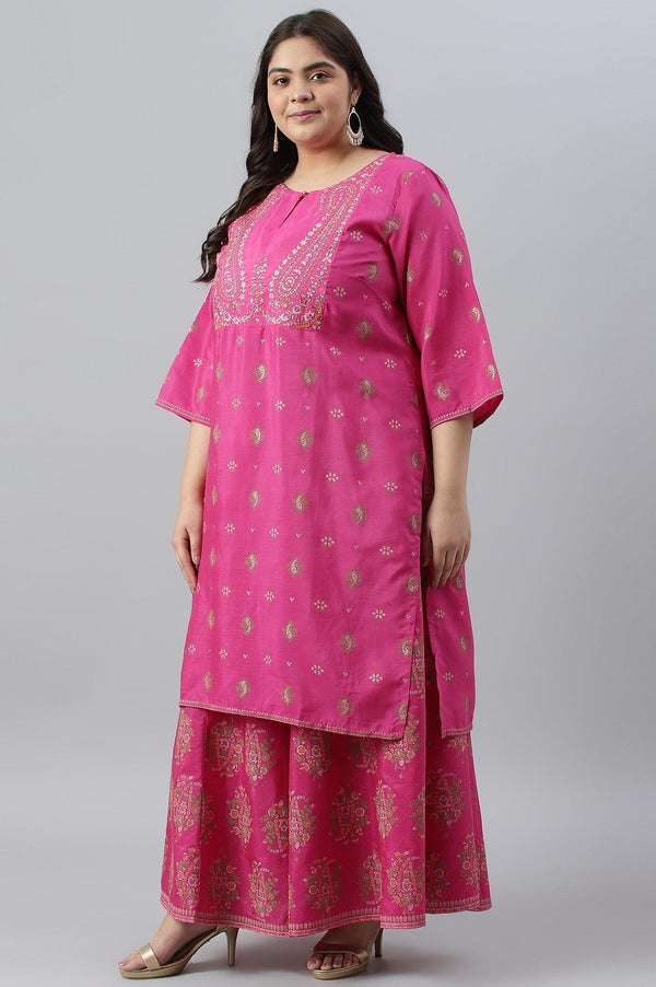 Plus Size Pink Printed kurta With Culottes And Green Dupatta