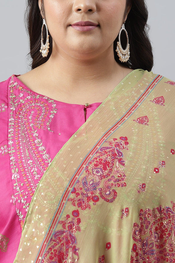 Plus Size Pink Printed kurta With Culottes And Green Dupatta
