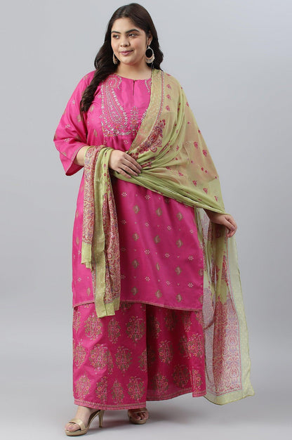 Plus Size Pink Printed kurta With Culottes And Green Dupatta - wforwoman