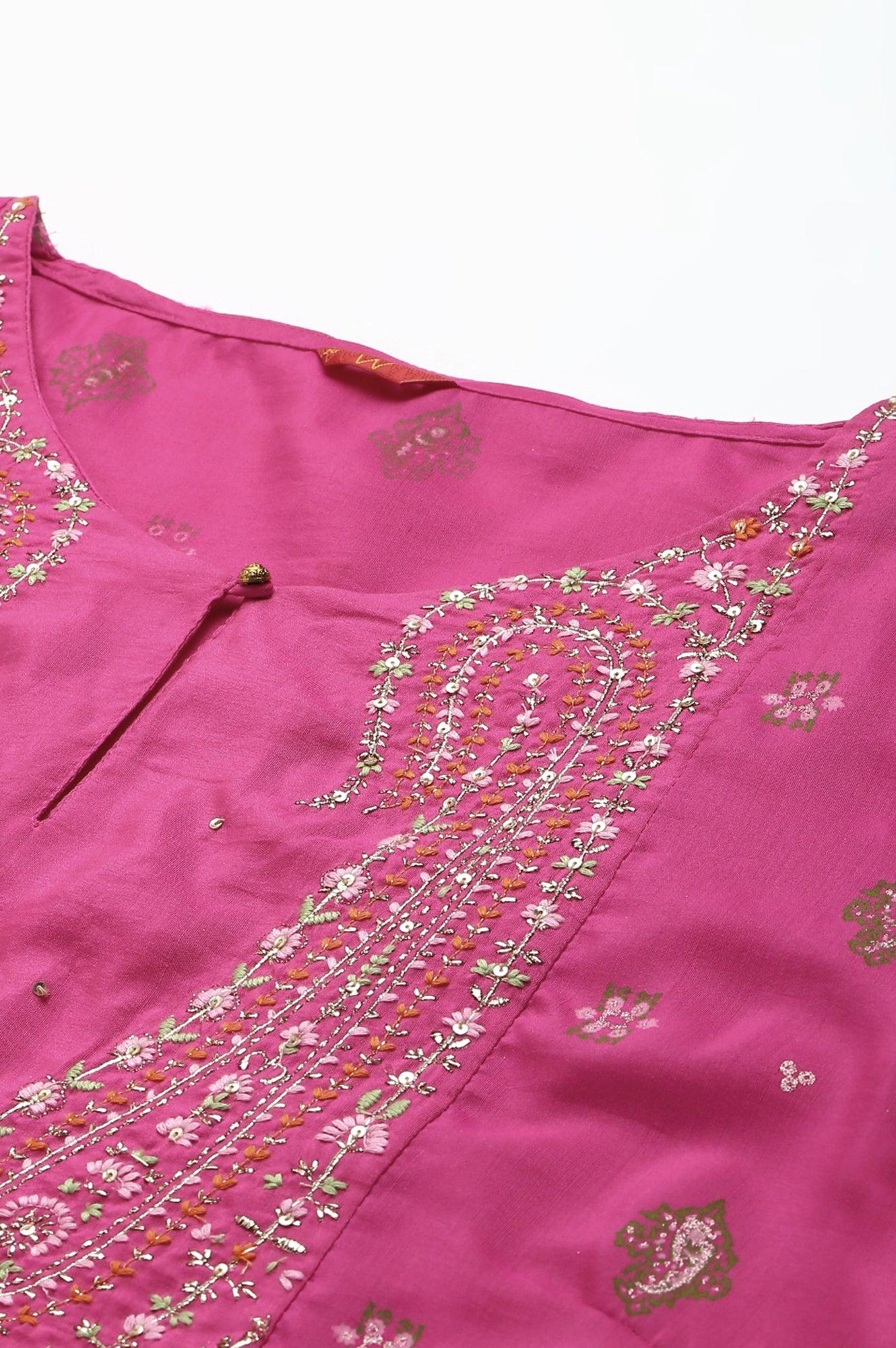 Plus Size Pink Printed kurta With Culottes And Green Dupatta - wforwoman