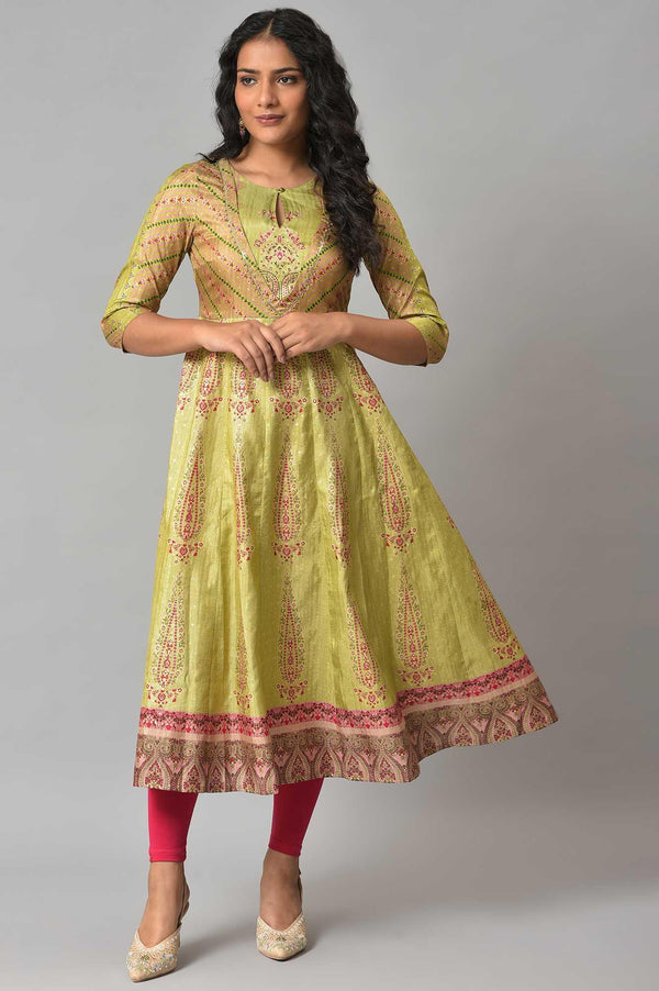 Light Green Karnataka Silk Straight Kurta with Dark Pink Tights