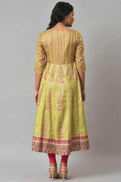 Light Green Karnataka Silk kurta With Dark Pink Tights - wforwoman