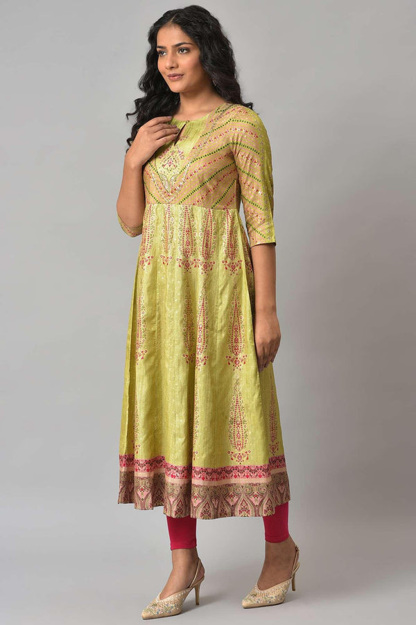 Light Green Karnataka Silk Straight Kurta with Dark Pink Tights