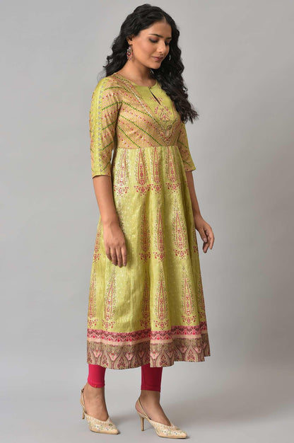 Light Green Karnataka Silk kurta With Dark Pink Tights - wforwoman