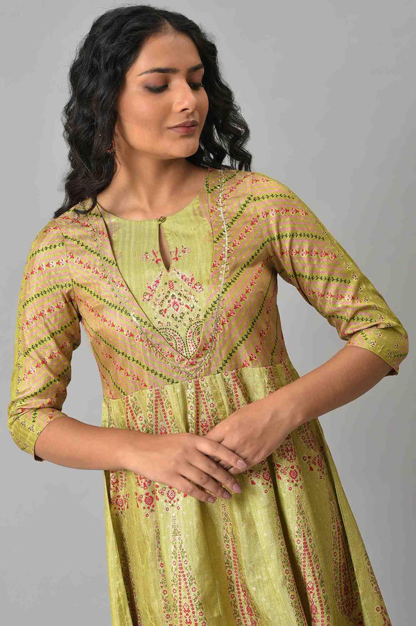 Light Green Karnataka Silk Straight Kurta with Dark Pink Tights