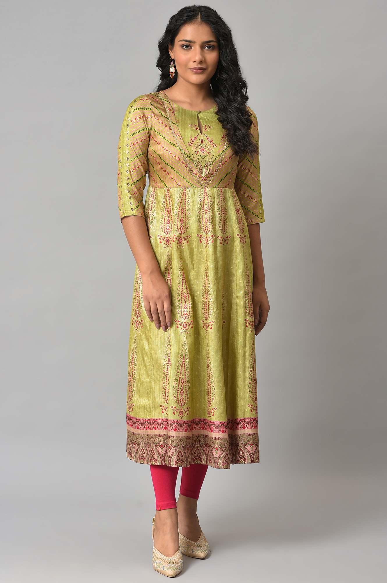 Light Green Karnataka Silk kurta With Dark Pink Tights - wforwoman