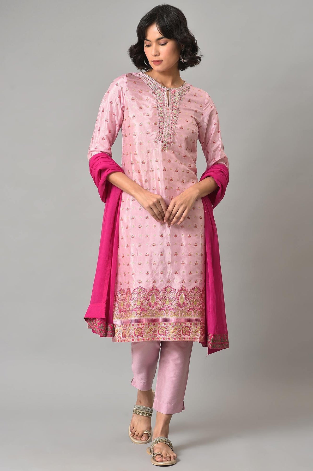 Pink Embroidered Shantung kurta With Slim Pants And Dupatta - XS